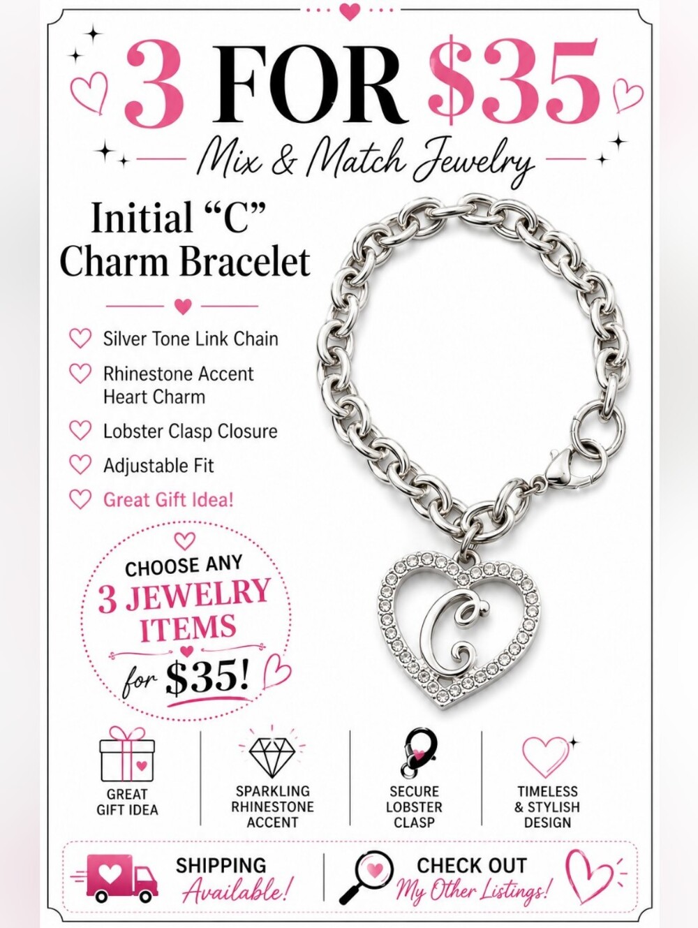 Silver Tone Heart Initial C Bracelet Chunky Link Chain Crystal Charm Womens